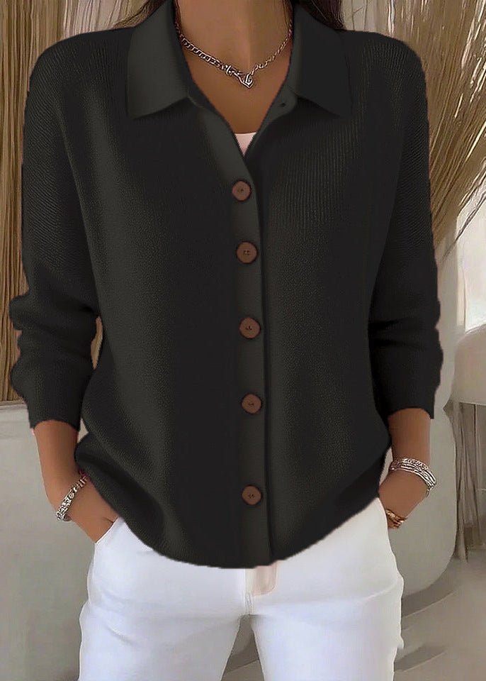 Practical women's button-down cardigan with a shirt collar, an all-season layering piece for business casual looks.