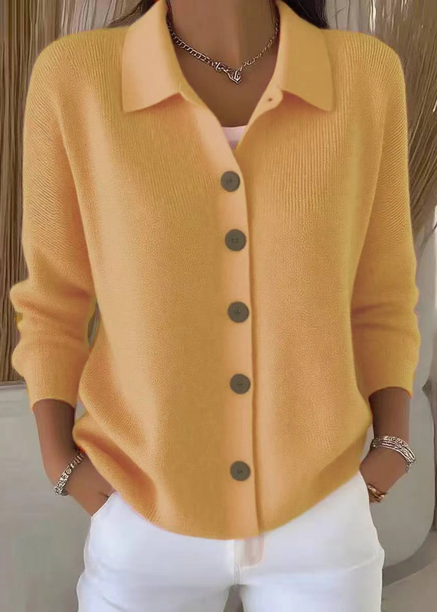 Modern women's professional cardigan sweater, button-down with a crisp shirt collar, perfect for sophisticated office wear.