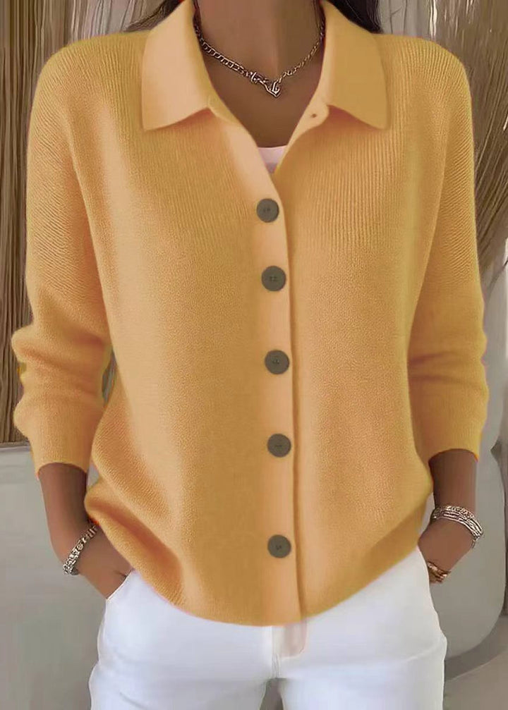 Modern women's professional cardigan sweater, button-down with a crisp shirt collar, perfect for sophisticated office wear.