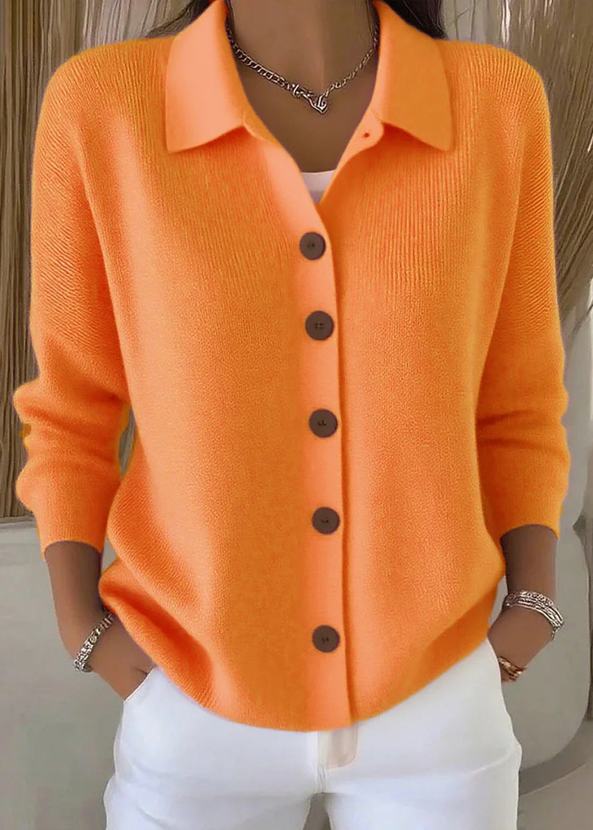Professional women's button-down cardigan sweater with a stylish shirt collar for office attire & chic layering.