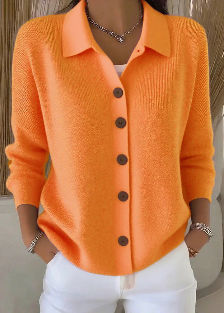 Professional women's button-down cardigan sweater with a stylish shirt collar for office attire & chic layering.