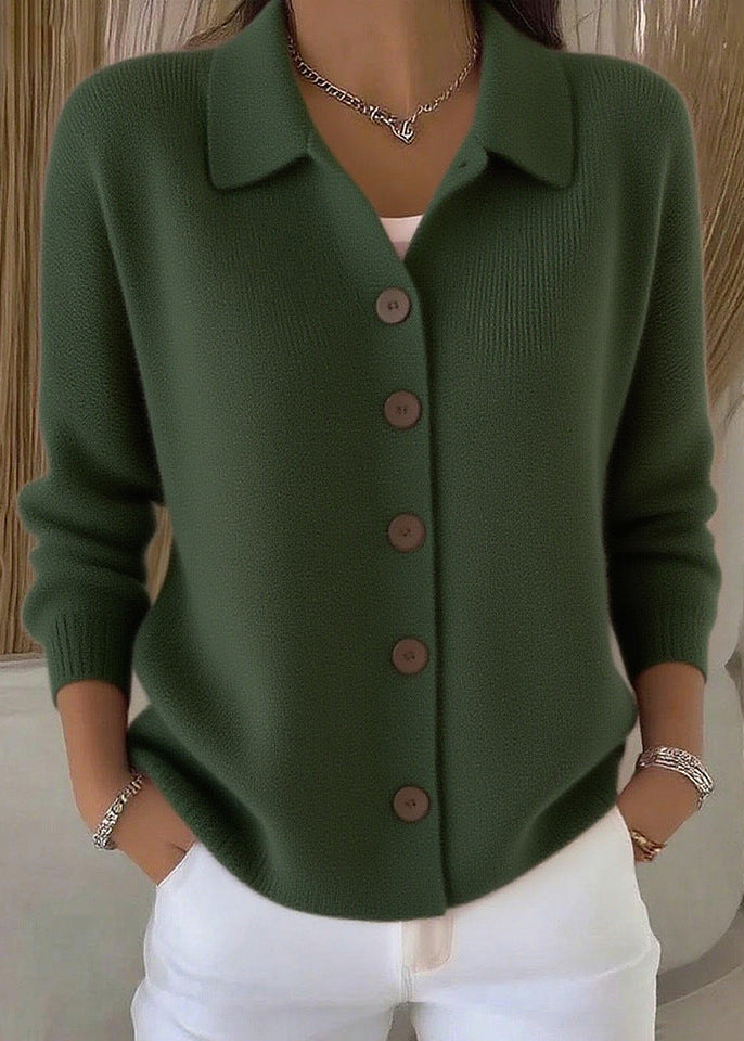 Elegant women's long sleeve cardigan sweater, button-down with a shirt collar, great for business casual outfits.