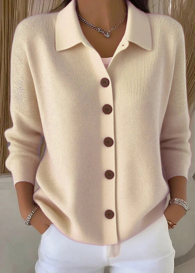 Chic women's cardigan sweater, long sleeve, button-down design with a sharp shirt collar for a polished look.
