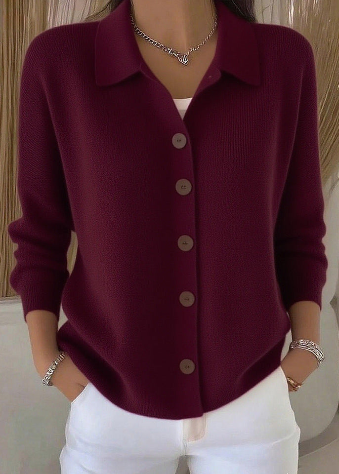 Elegant women's long sleeve cardigan sweater, featuring a button-down front & refined shirt collar for chic style.