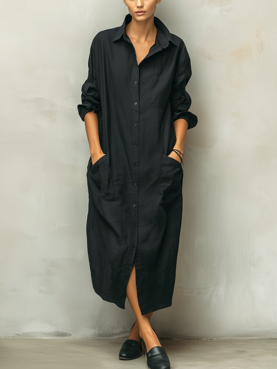 Women's long sleeve button down midi dress, perfect for casual spring & fall everyday wear.
