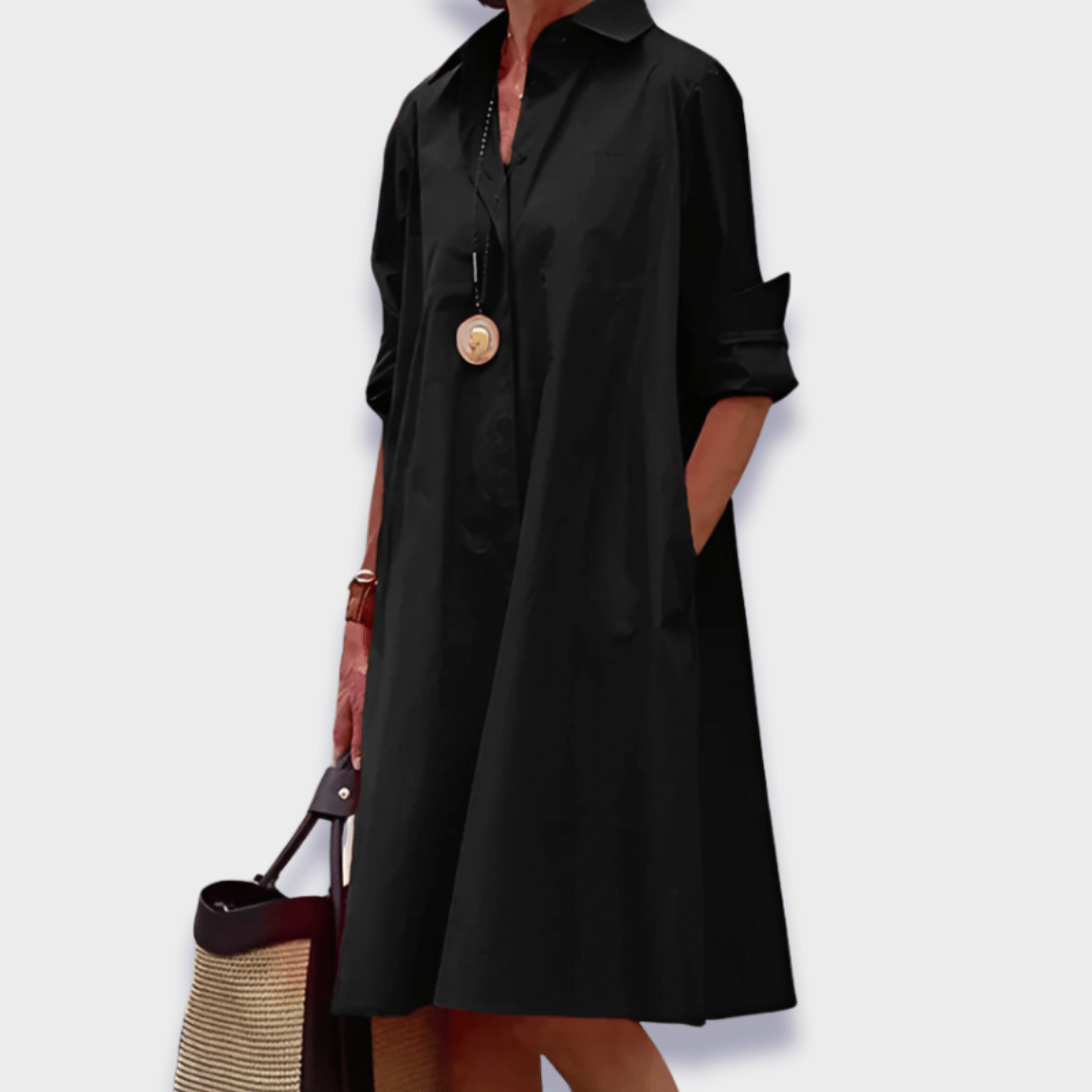 Elegant women's flared midi polo dress with long sleeves and collar, versatile for spring, fall, or office fashion.
