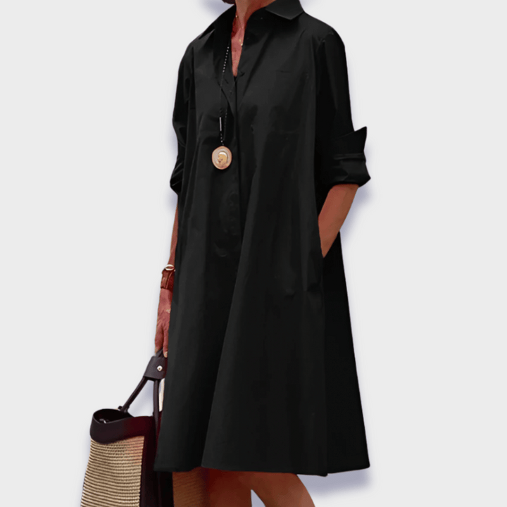 Elegant women's flared midi polo dress with long sleeves and collar, versatile for spring, fall, or office fashion.