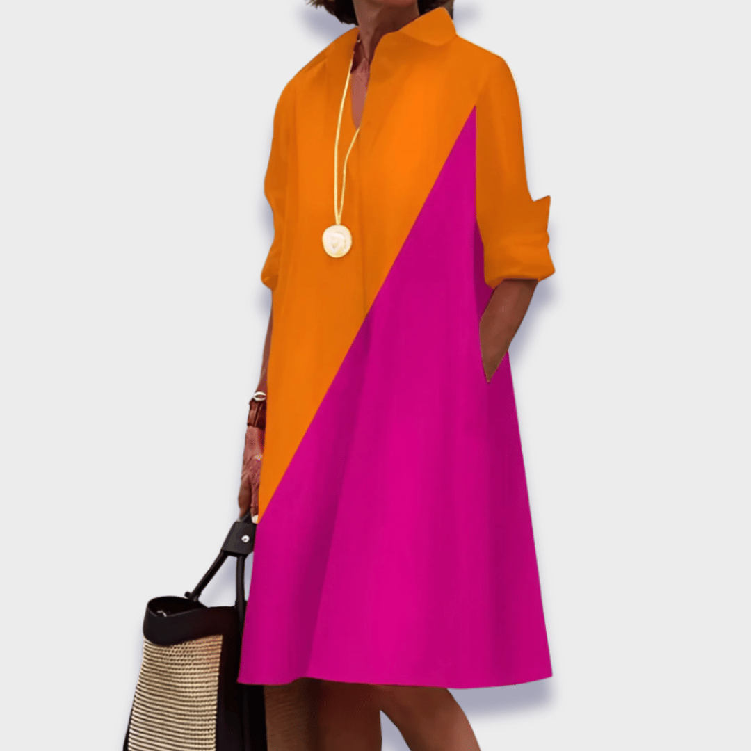 Stylish women's collared midi polo dress, long sleeves & flared skirt, suitable for casual outings or office elegance.