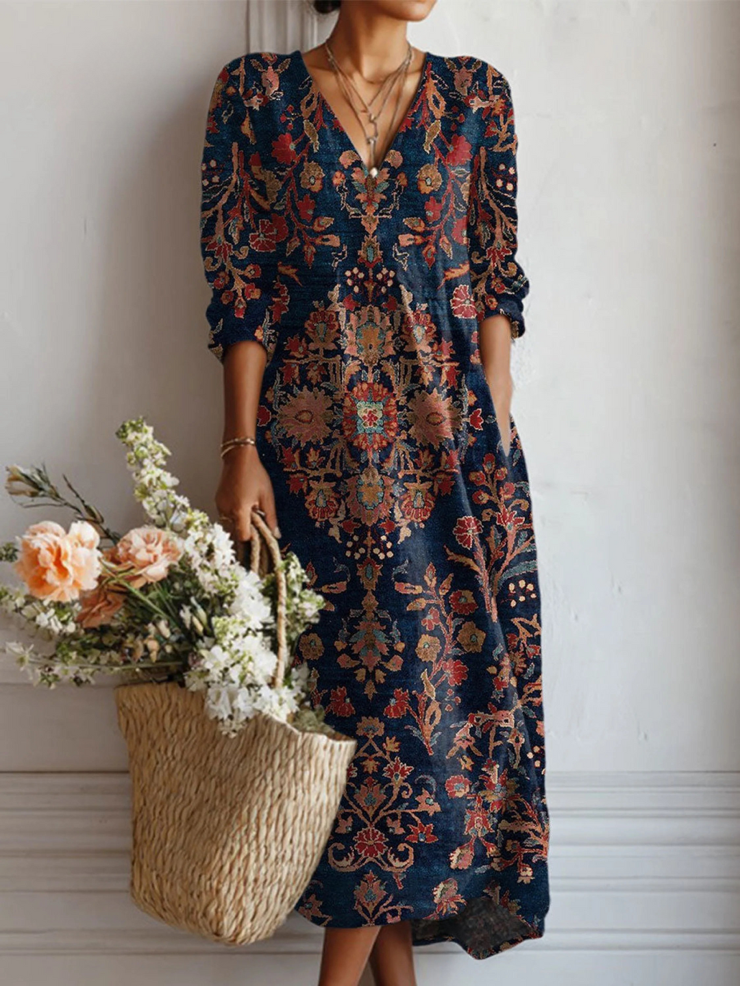 Women's long sleeve midi dress, casual & comfortable A-line style. Perfect for everyday wear or work.