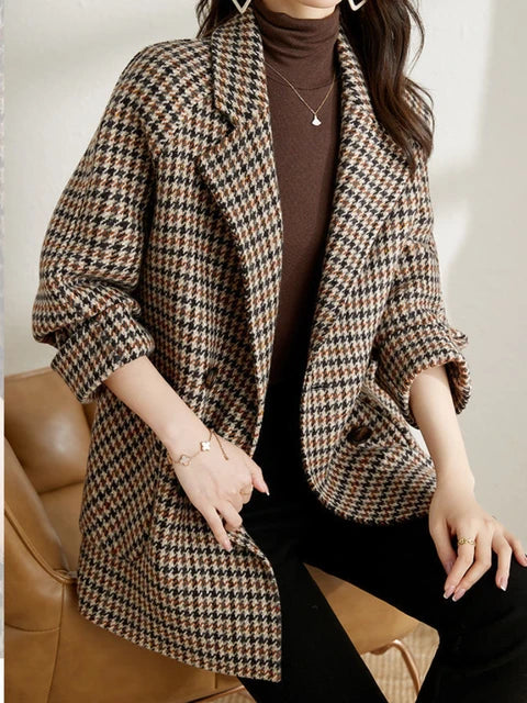 Women's long sleeve spring plaid blazer jacket, perfect for smart casual workwear or outerwear.