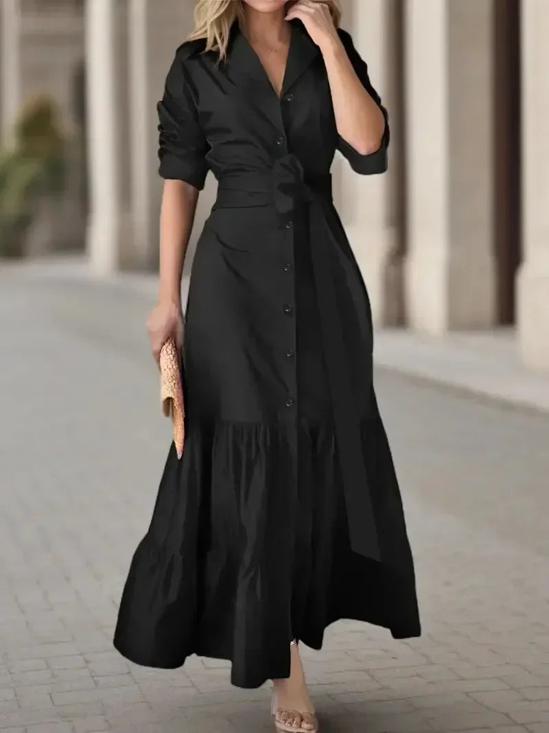 Women's long sleeve tiered maxi shirt dress in [color, e.g., blue], featuring a tie waist & button-down front. Elegant & versatile.
