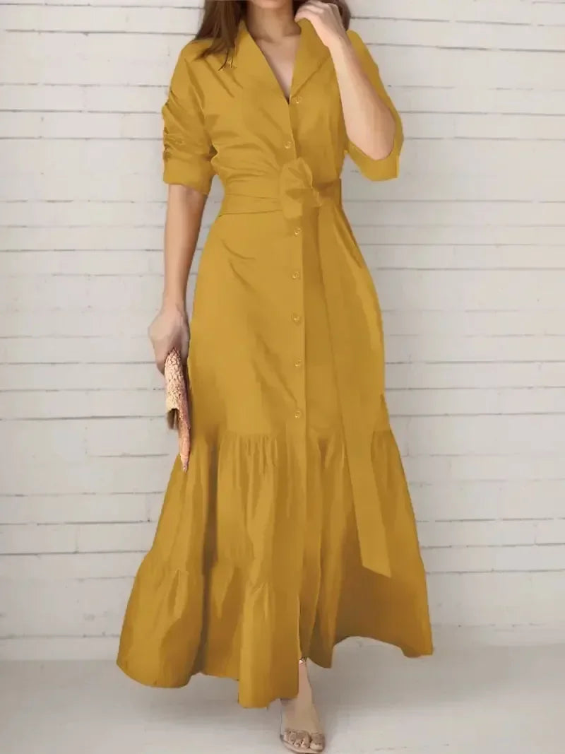 Versatile women's long sleeve maxi shirt dress with tiered skirt & tie waist. A modest yet stylish choice for casual outings.