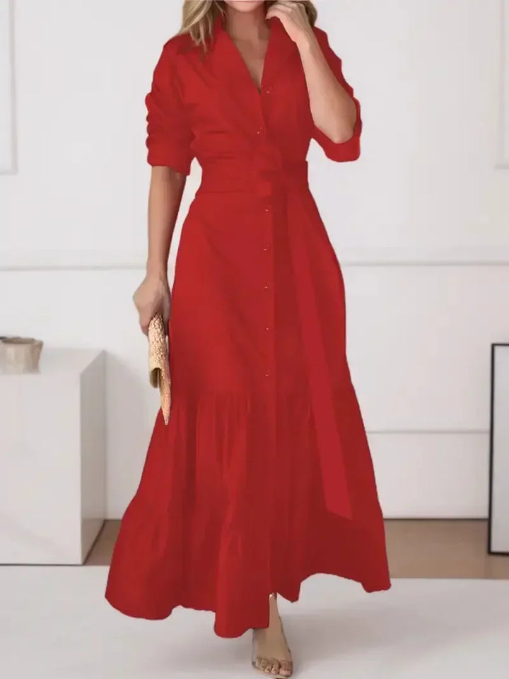 Beautiful women's button-down long sleeve tiered maxi shirt dress with a flattering tie waist. Comfortable & chic fashion.