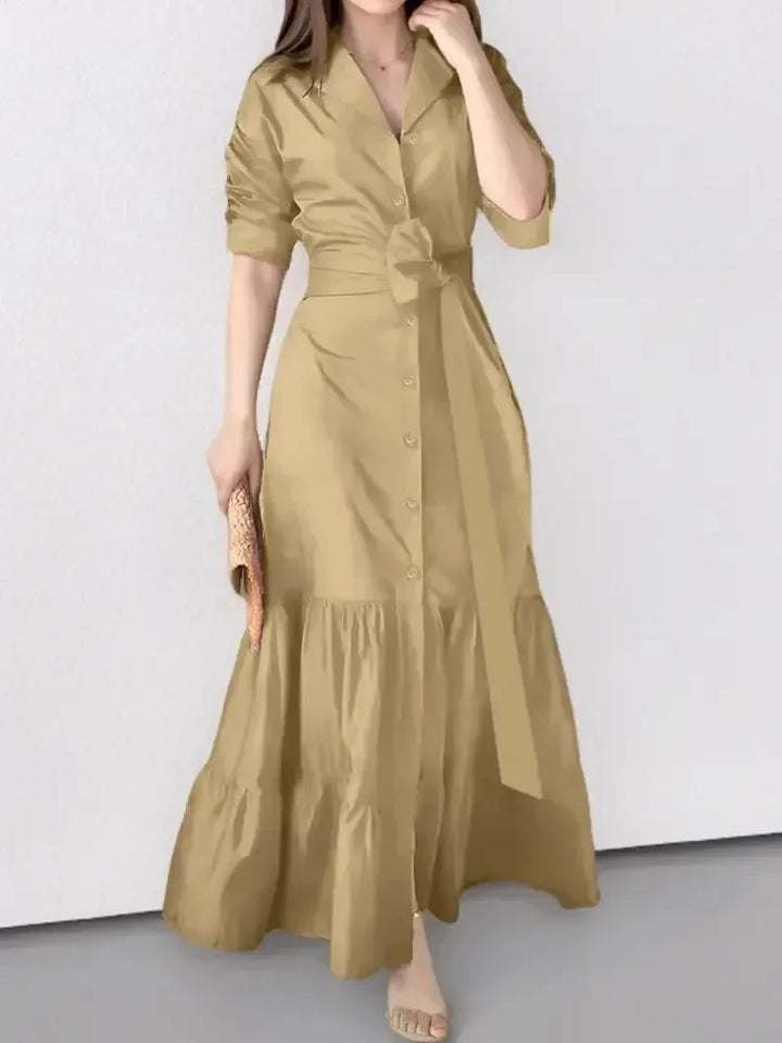 Stylish women's long sleeve tiered shirt dress, a perfect maxi summer dress with a flattering tie waist and button details.