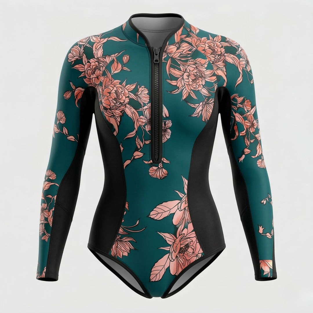 Women's long sleeve tropical print swimwear, a UV protective surf suit for paddleboarding & water sports.