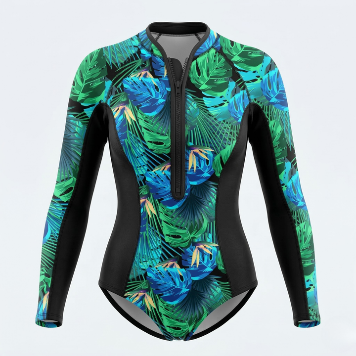 Active women's long sleeve tropical print surf suit, quick-dry and sun-protective for all water sports.