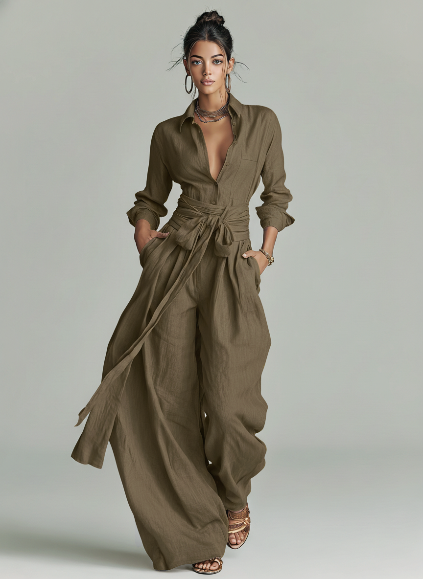 Versatile women's long sleeve wide leg jumpsuit with tie waist, suitable for summer casual or elegant occasions.