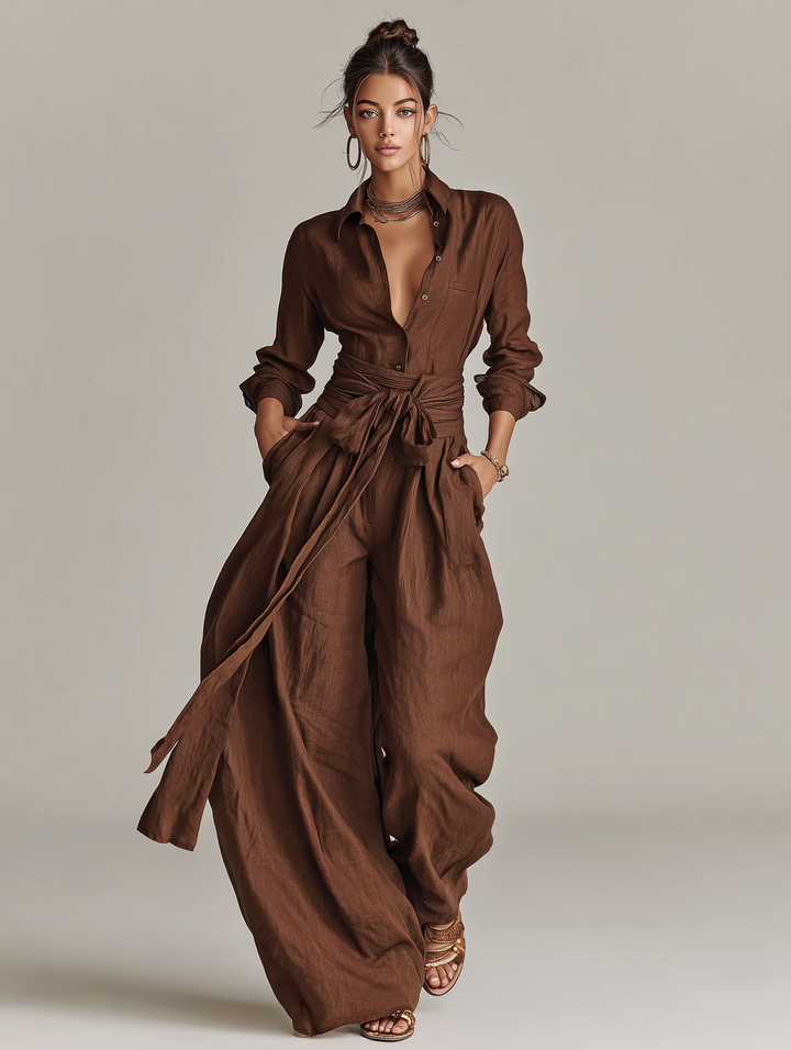 Chic women's long sleeve wide leg jumpsuit with tie waist, a modern and elegant piece for women's fashion.