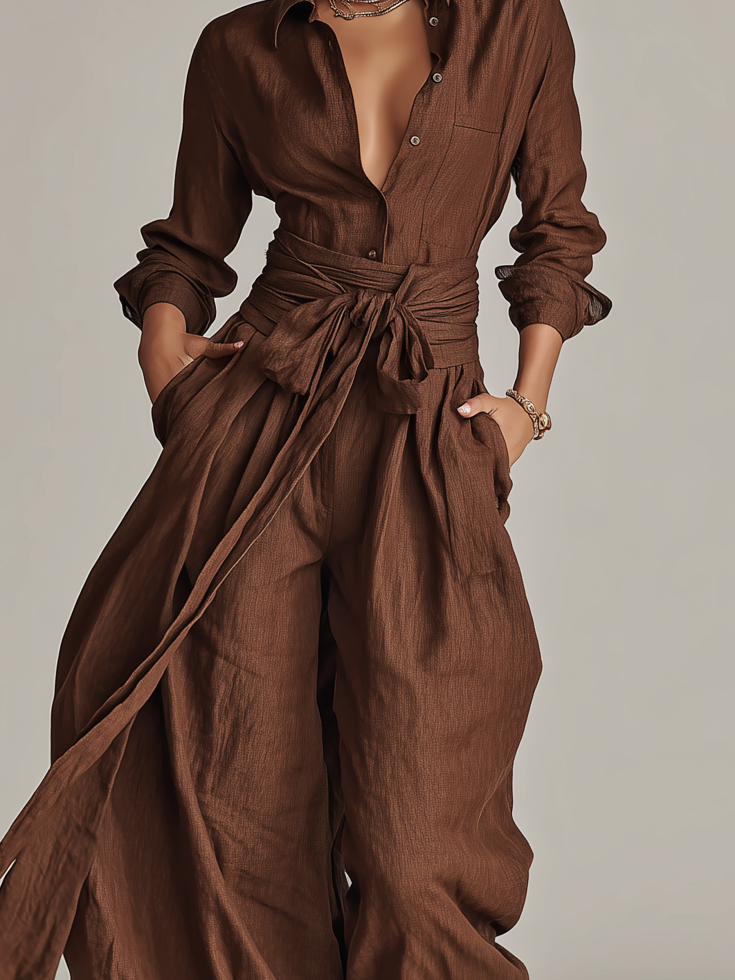 Stylish women's long sleeve wide leg jumpsuit with tie waist, perfect for summer resort wear and casual days.
