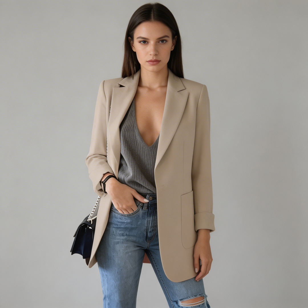 Women's long slim fit blazer in classic black, perfect for a modern professional look. Elegant office attire.