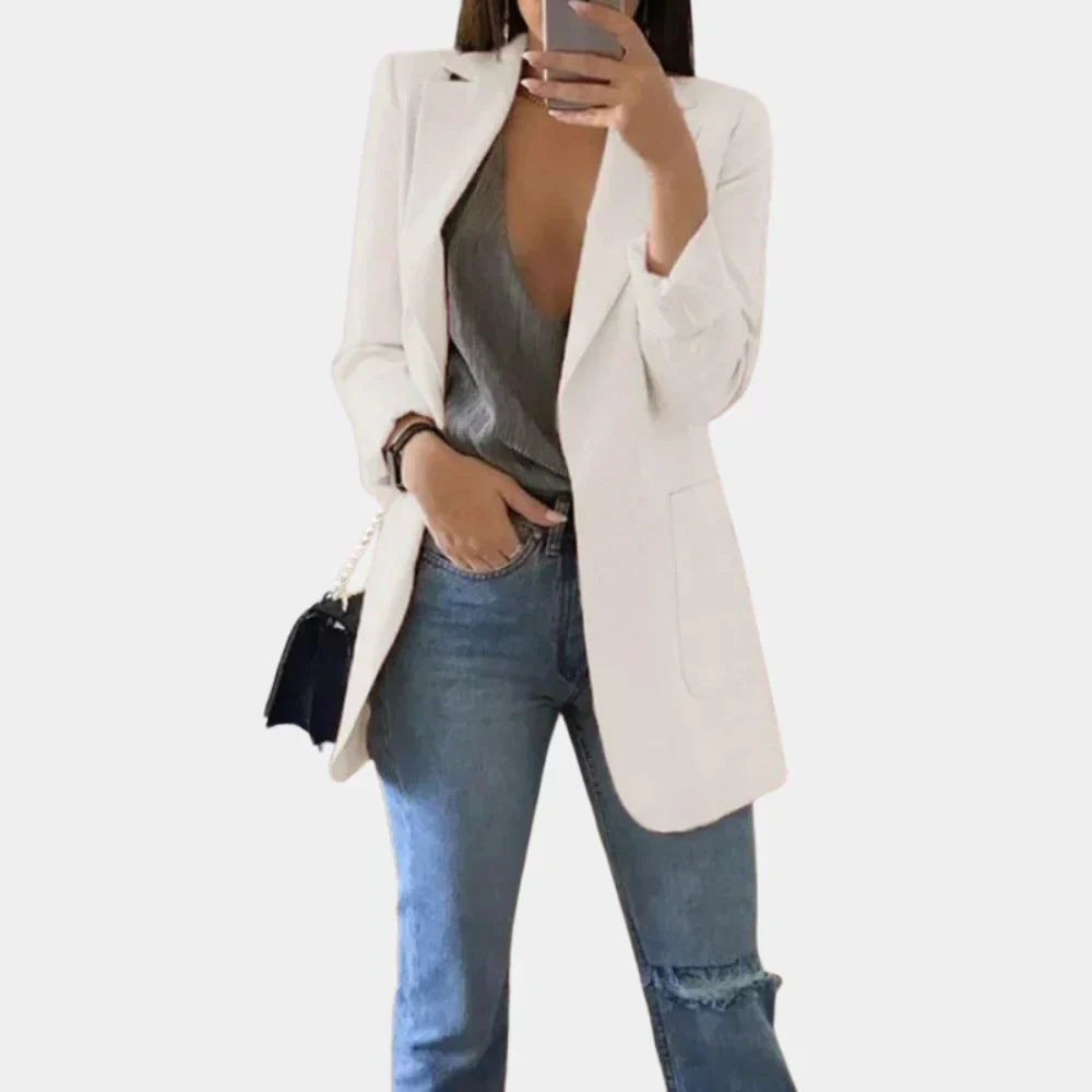 Chic slim fit long blazer for women, ideal for business casual or formal events. Versatile elegant jacket.