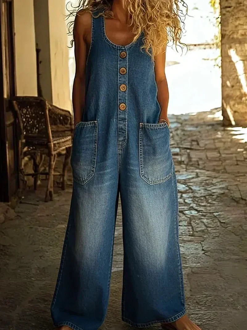Comfortable women's sleeveless loose fit jumpsuit with button details & utility pockets for casual daily wear.