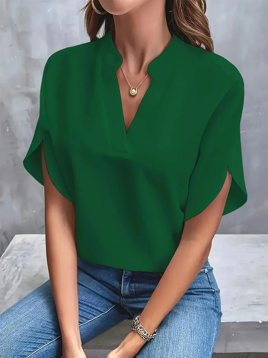 Comfortable women's fashion V-neck loose fit short sleeve blouse, a must-have everyday top.