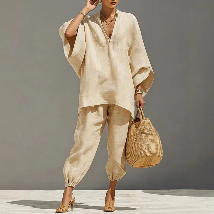 Casual black women's linen blend matching set, ideal for loungewear or a comfortable summer outfit.