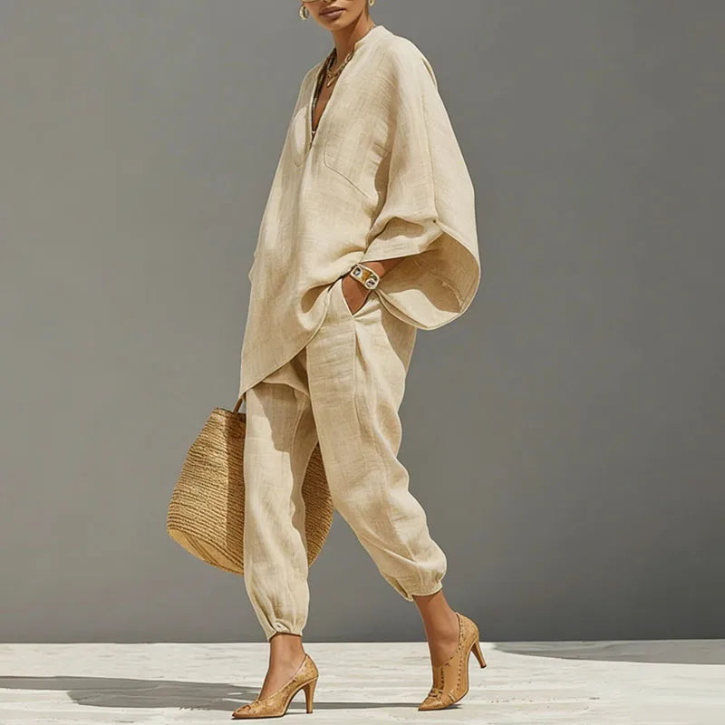 Wine red women's relaxed fit linen blend set, including a flowy batwing top and comfy tapered pants.