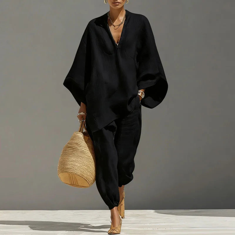 Comfortable black linen blend women's matching set, a relaxed fit summer outfit with batwing top & tapered pants.