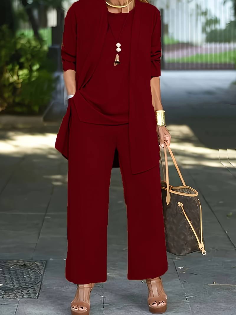 Women's loose three-piece summer set with wide-leg pants & cardigan for comfortable casual style.