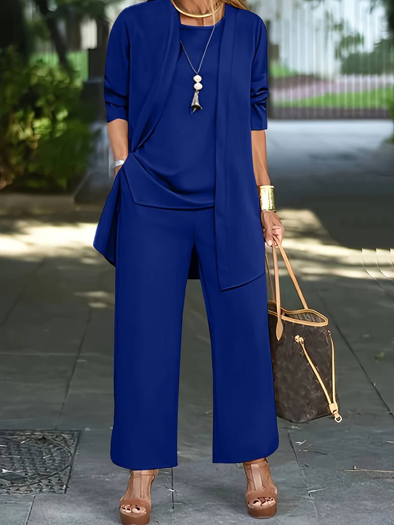 Fashionable women's three-piece set with wide-leg pants & cardigan for versatile summer outfits.