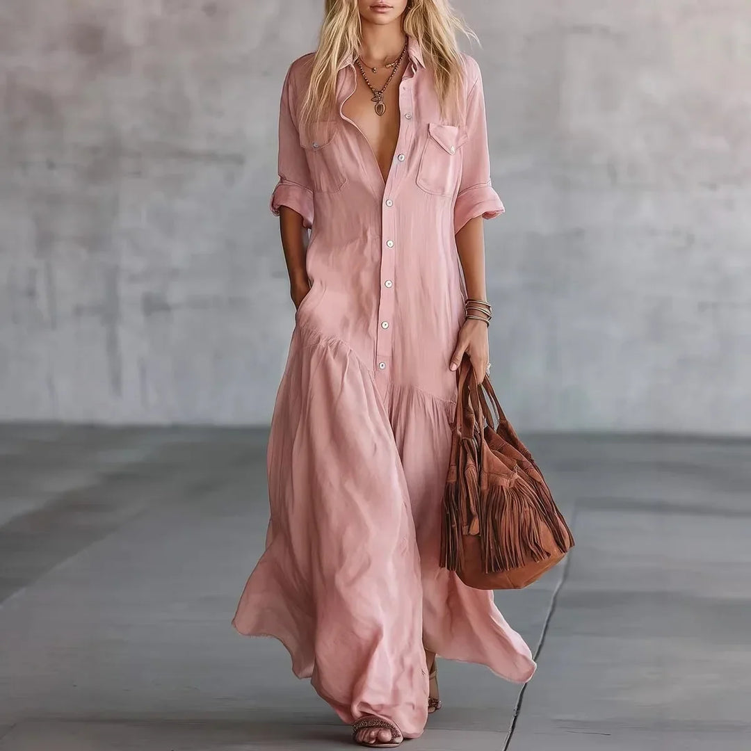 Elegant women's tiered button-down maxi dress, loose and flowy, ideal for versatile casual to semi-formal summer looks.
