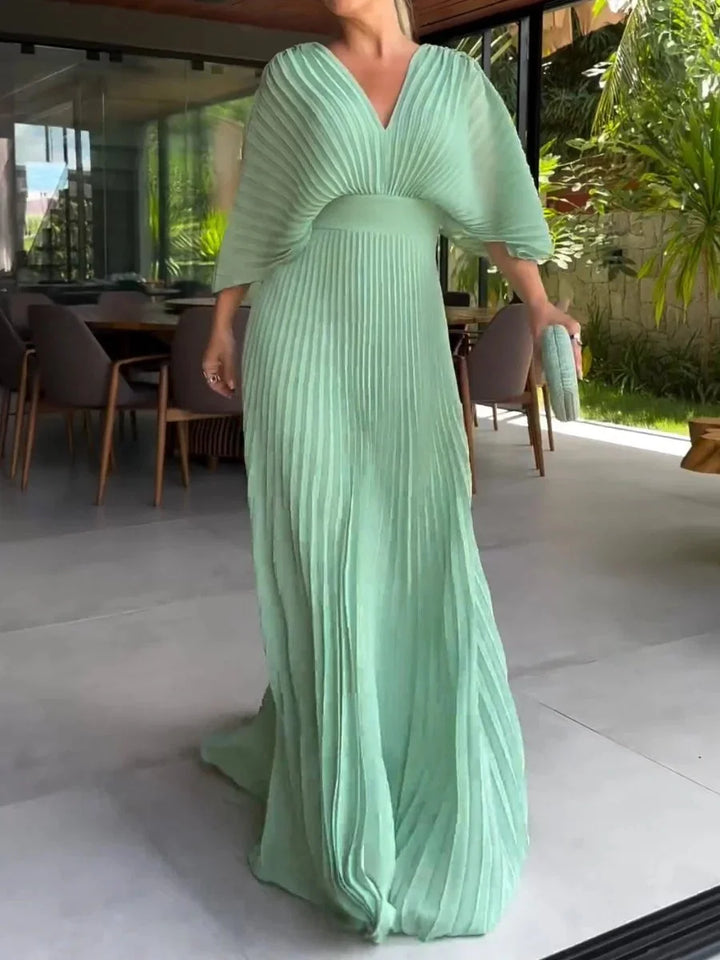 Pleated V-neck kaftan maxi dress for women, featuring a flattering fit and elegant summer flow.
