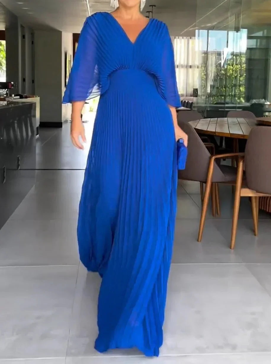 Women's elegant pleated V-neck kaftan maxi dress, versatile for summer style, beach, or special events.