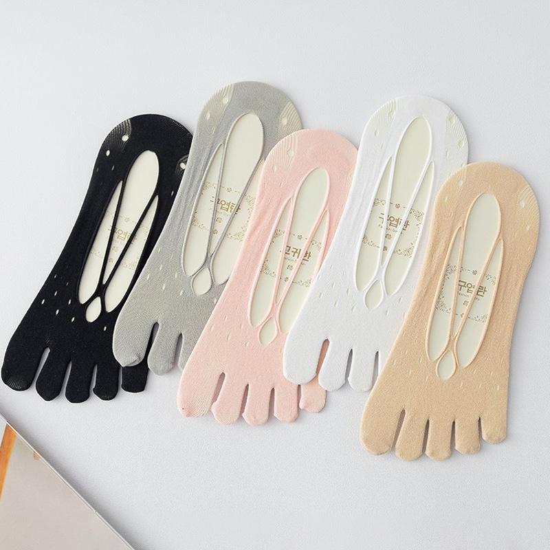 Pair of anti-odor, low-cut toe socks for women, crafted from a breathable cotton blend material.