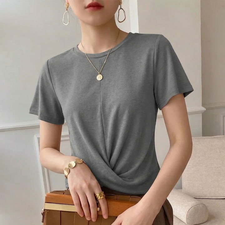 Comfortable women's Luna Twist Front T-Shirt, a versatile short-sleeve top perfect for stylish casual outfits.