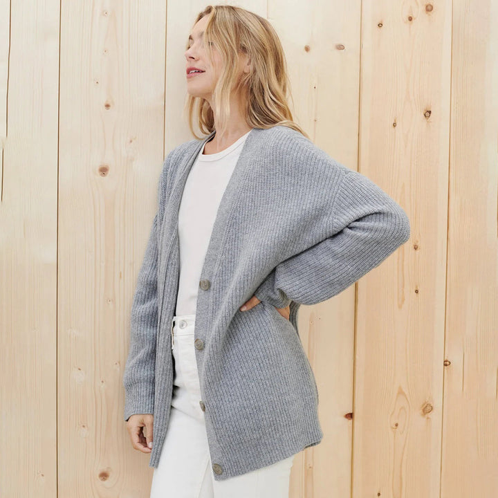 Soft knit women's cardigan, luxurious comfort wear, relaxed fit for fall fashion.