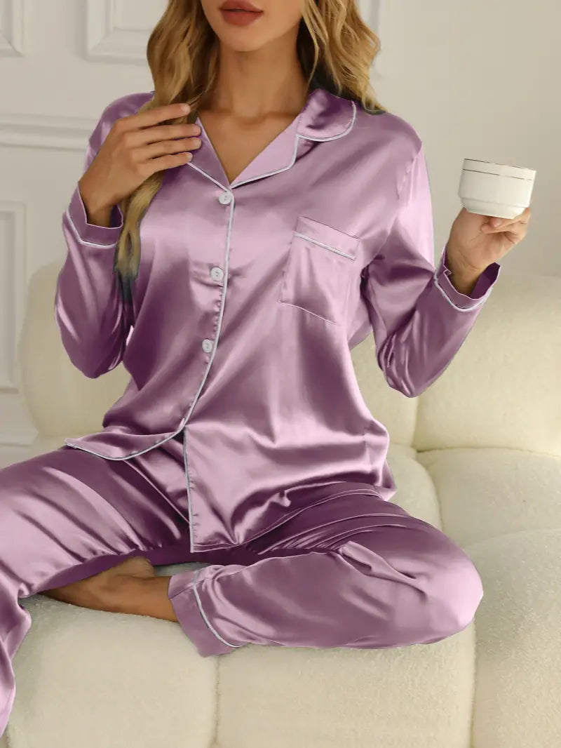 Elegant women's satin loungewear, a comfortable pajama set perfect for a serene evening at home.