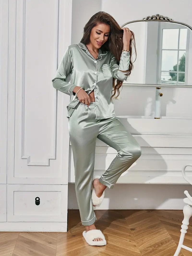 Womens silky satin sleep set, an elegant and comfortable two-piece pajama outfit for relaxation.