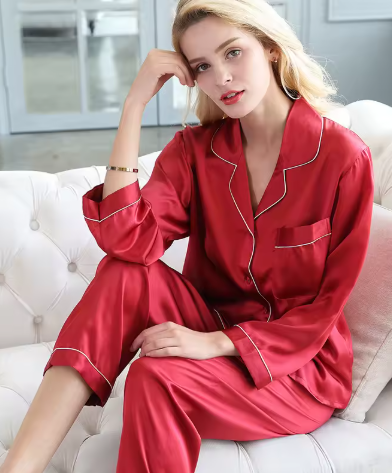 Soft silky women's two-piece pajama set, ideal for luxurious comfort & relaxed nightwear.