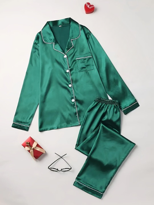 Elegant women's silky 2-piece pajama set. Perfect for stylish sleepwear & home lounge.