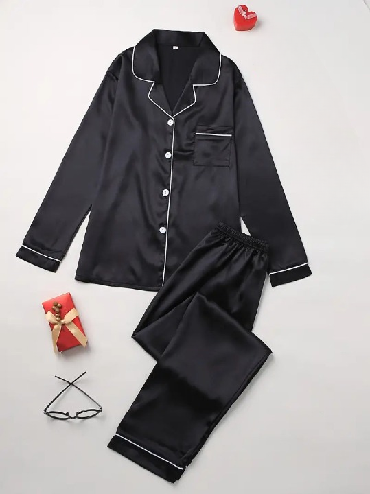 Luxurious silky two-piece pajama set for women, an elegant gift for ultimate comfort & sleepwear.