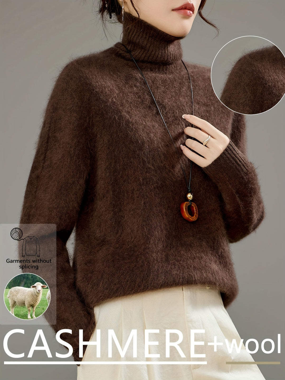 Close-up of a soft, cozy knit women's turtleneck sweater texture for winter.