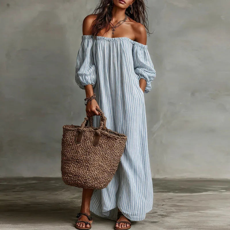 Women's Madison off-shoulder midi dress, featuring a flattering silhouette and trendy puff sleeves.