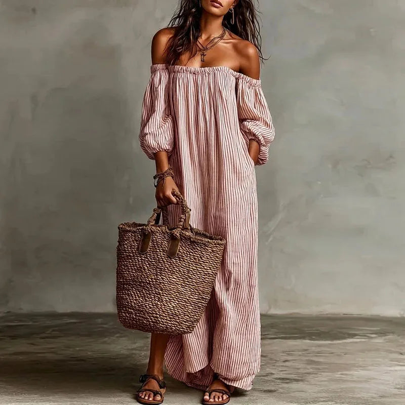 Casual elegant Madison off-shoulder midi dress, a must-have for summer, combining comfort and style.