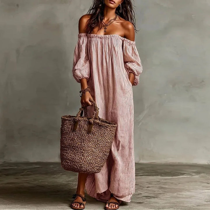 Casual elegant Madison off-shoulder midi dress, a must-have for summer, combining comfort and style.