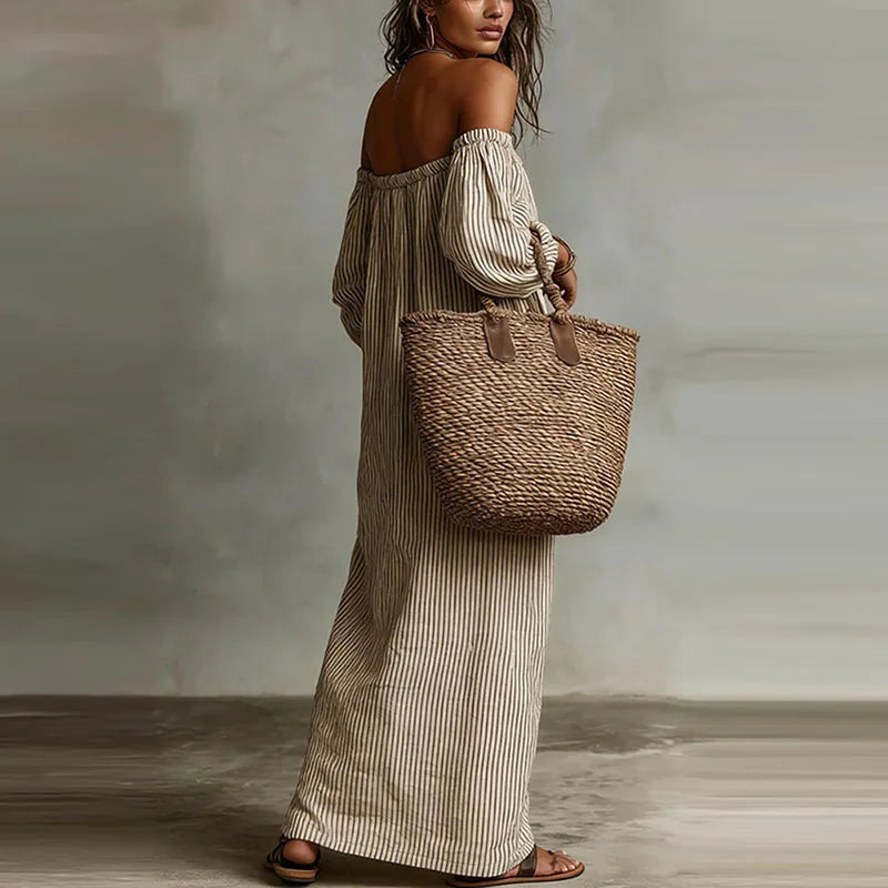 Comfortable Madison off-shoulder midi dress, a stylish addition to any woman's summer wardrobe.