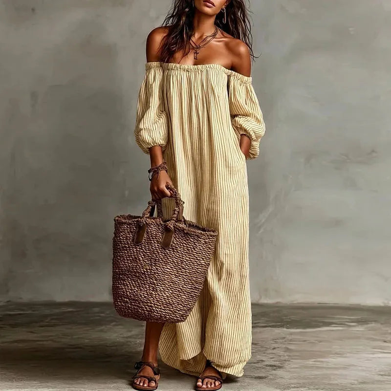 Day dress: Madison off-shoulder midi with puff sleeves, perfect for a relaxed yet stylish summer outfit.