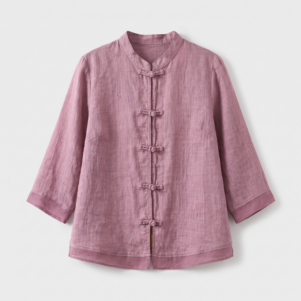 Comfortable & elegant women's blouse, mandarin collar, frog buttons for stylish daily wear.
